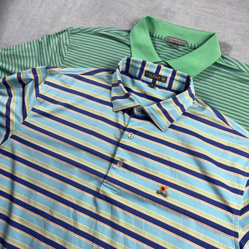Peter Millar Summer Comfort Polo Shirt Lot 2 Mens Large Striped Golf Performance